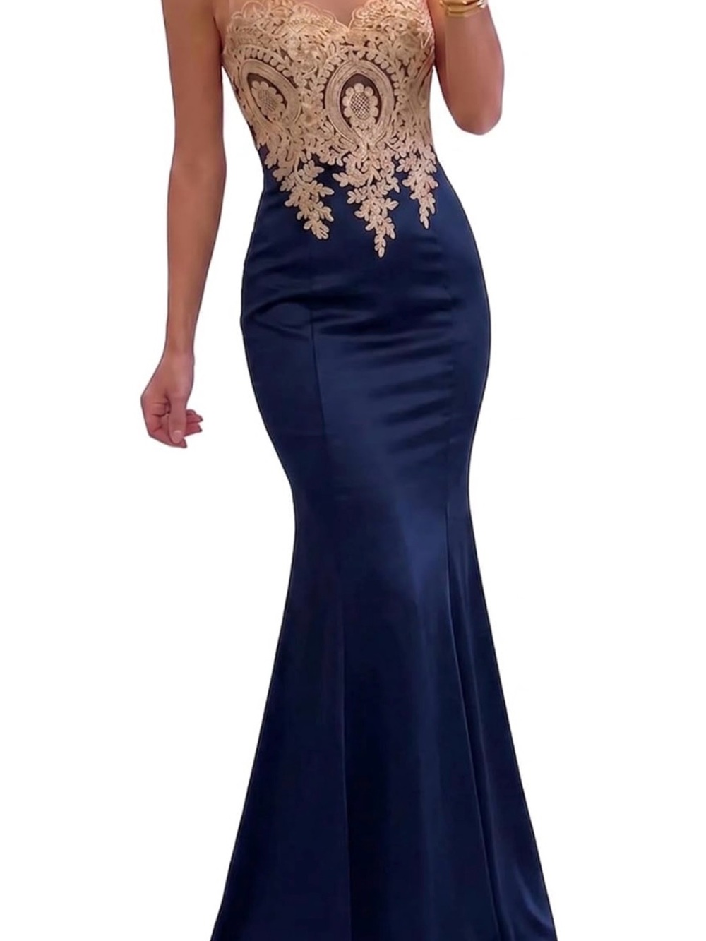 Elegant Navy and Gold Lace Mermaid Evening Dress